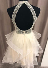 A-Line High-Neck Homecoming Dress with Beading and Organza Skirt-27dress