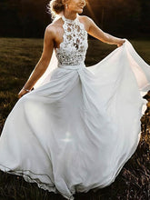 A-Line High Neck Lace Chiffon Wedding Dress with Sash and Ribbon