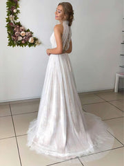 A-line High Neck Lace Tulle Wedding Dress with Sashes/Ribbons and Sweep Train