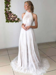 A-line High Neck Lace Tulle Wedding Dress with Sashes/Ribbons and Sweep Train