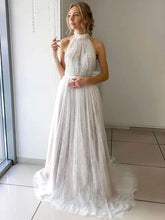A-line High Neck Lace Tulle Wedding Dress with Sashes/Ribbons and Sweep Train