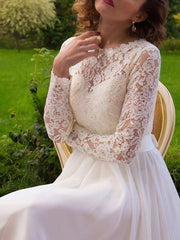 A-line Illusion Lace Chiffon Wedding Dress with Sashes/Ribbons