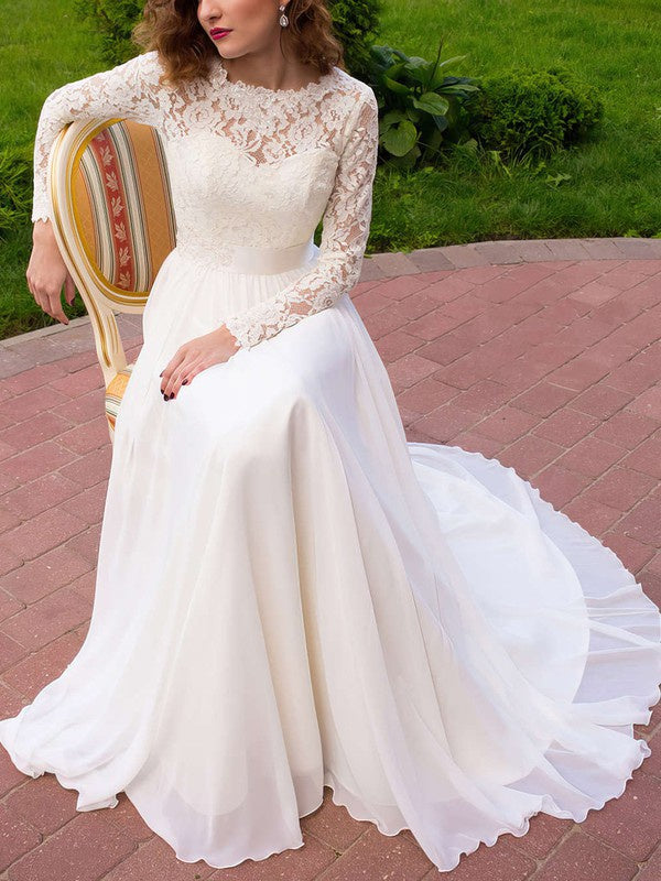 A-line Illusion Lace Chiffon Wedding Dress with Sashes/Ribbons