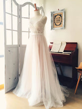 A-Line Illusion Tulle Sweep Train Wedding Dress with Appliques Lace