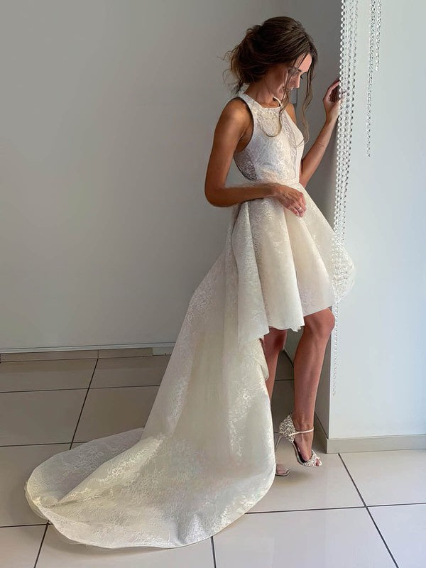 A-Line Lace Asymmetrical Wedding Dress with Square Neckline – 27dress