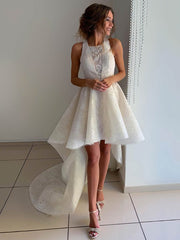 A-Line Lace Asymmetrical Wedding Dress with Square Neckline