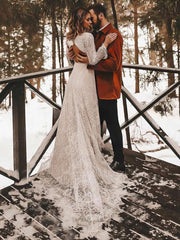 A-line Lace V-neck Long Sleeves Wedding Dress with Sashes and Sweep Train-27dress