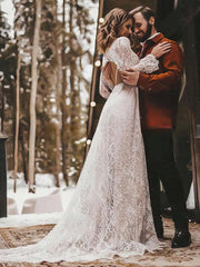 A-line Lace V-neck Long Sleeves Wedding Dress with Sashes and Sweep Train-27dress