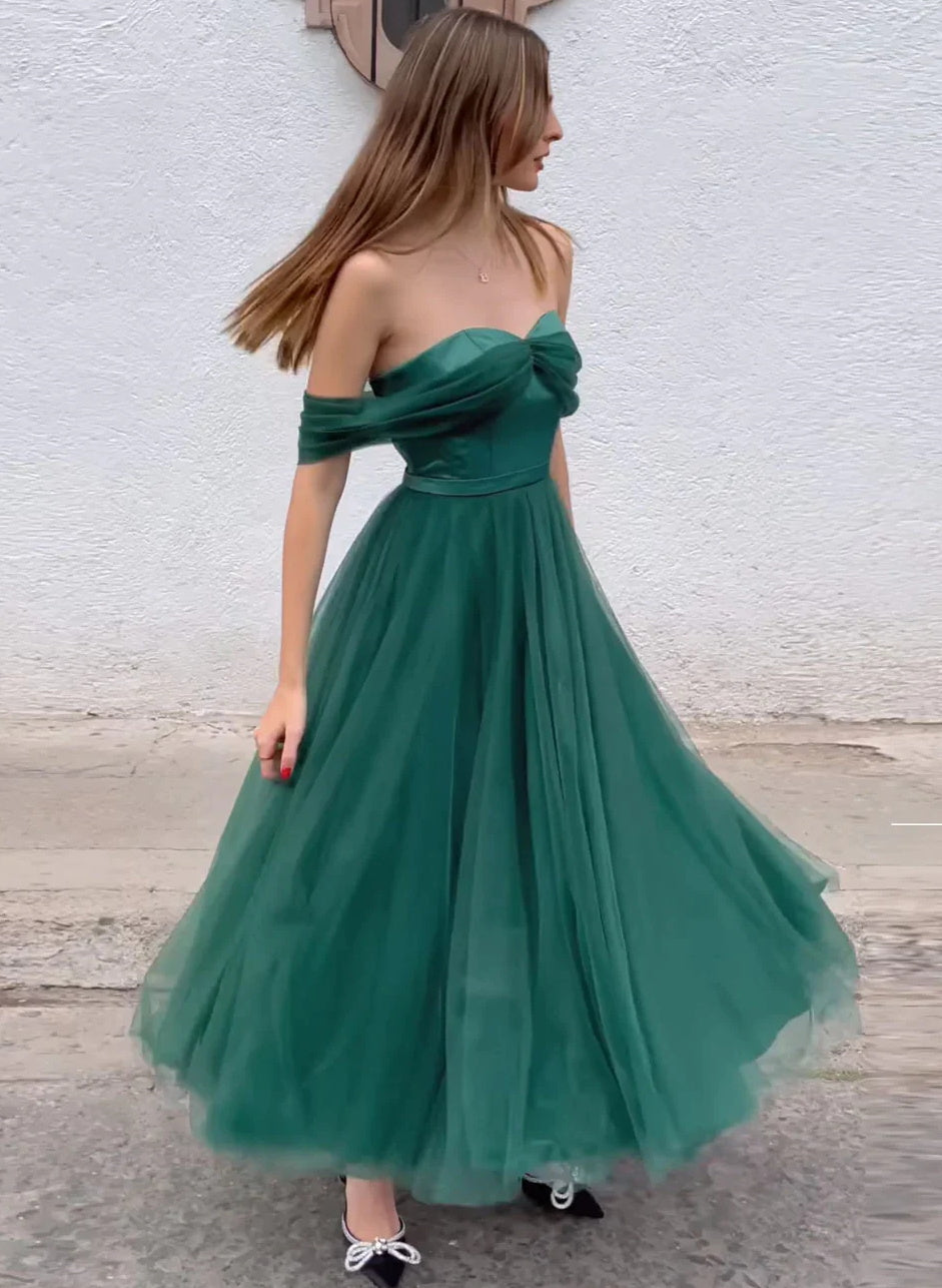 A-Line Off-The-Shoulder Green Tulle Prom Dresses-27dress