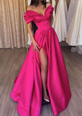 A-line Off-the-Shoulder Long/Floor-Length Satin Prom Dress with Ruffles Split-27dress