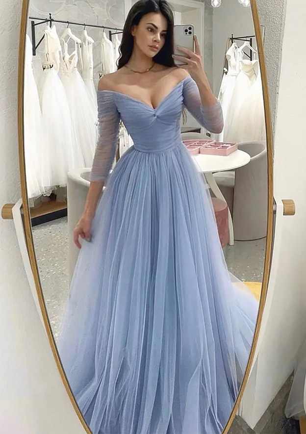 Glamorous A-Line Off-the-Shoulder V-neck Tulle Long Prom Dress
