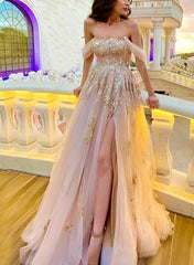 A-Line Off-the-Shoulder Prom Dress with Split Front Appliques Lace-27dress