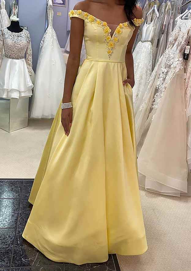A-line Off-the-Shoulder Satin Prom Dress with Beading Flowers-27dress