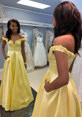 A-line Off-the-Shoulder Satin Prom Dress with Beading Flowers-27dress