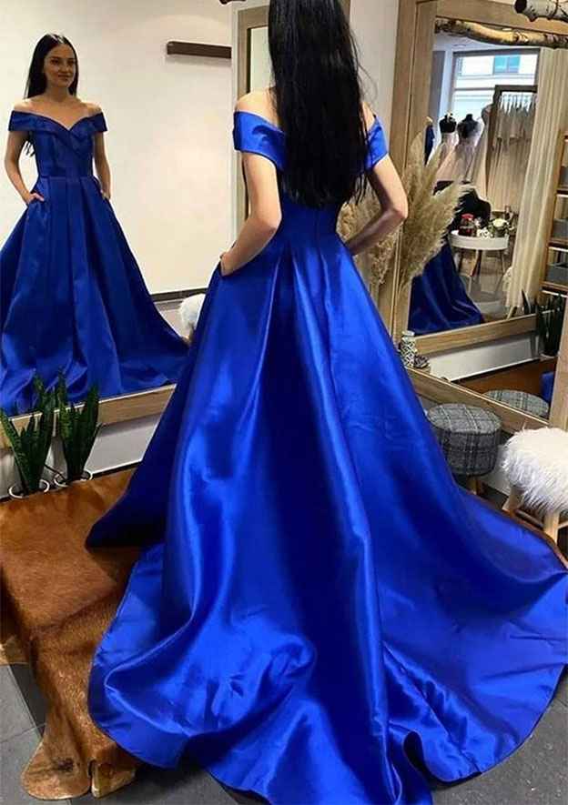 Elegant A-line Off-the-Shoulder Satin Long Prom Dress With Pockets 27dress Elegant A-line Off-the-Shoulder Satin Long Prom Dress With Pockets 27dress