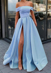 A-line Off-the-Shoulder Satin Prom Dress with Split and Floor-Length Style-27dress