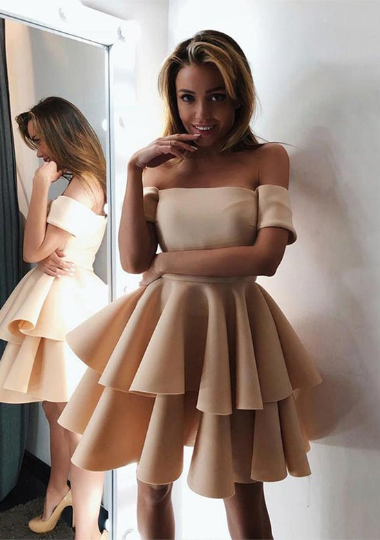 A-line Off-the-Shoulder Short Sleeve Satin Homecoming Dress with Ruffles-27dress