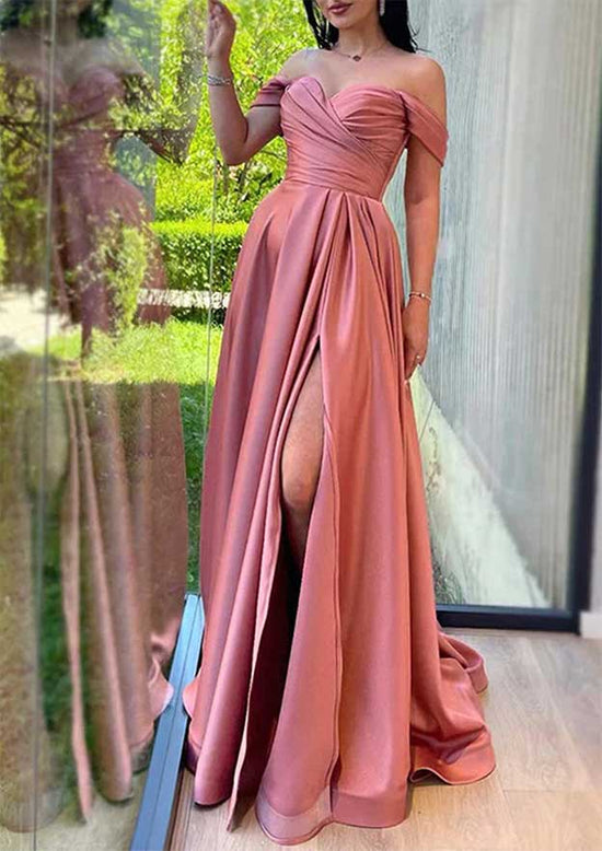 A-line Off-the-Shoulder Sleeveless Charmeuse Prom Dress with Pleated Split and Sweep Train-27dress