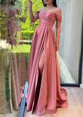 A-line Off-the-Shoulder Sleeveless Charmeuse Prom Dress with Pleated Split and Sweep Train-27dress