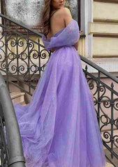 A-line Off-the-Shoulder Sleeveless Court Train Glitter Tulle Prom Dress With Split Pleated-27dress