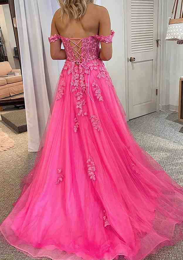 A-line Off-the-Shoulder Sleeveless Court Train Lace Tulle Prom Dress With Beading Pockets Split-27dress