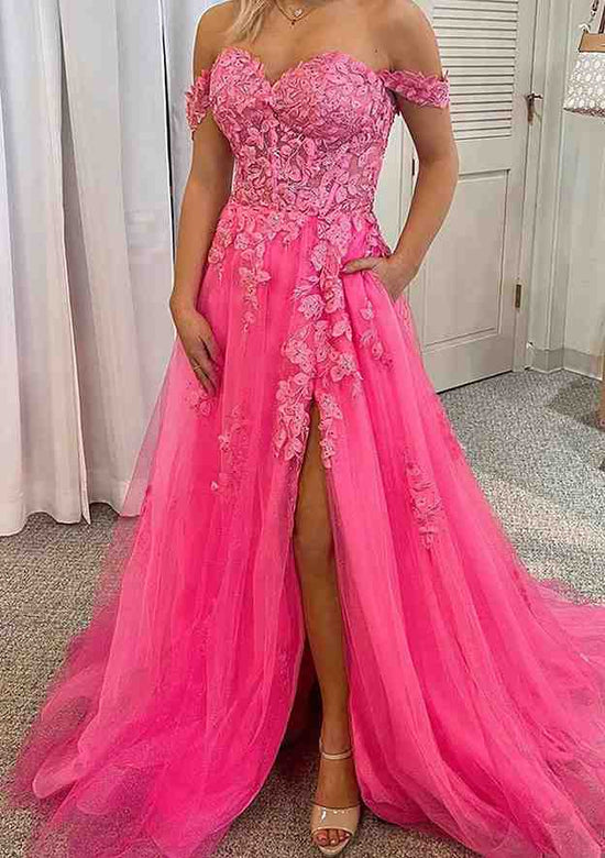 A-line Off-the-Shoulder Sleeveless Court Train Lace Tulle Prom Dress With Beading Pockets Split-27dress