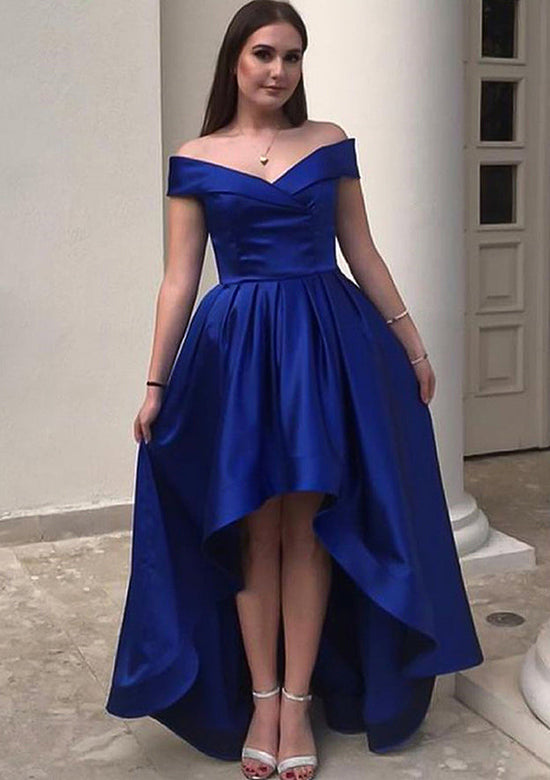 A-line Off-the-Shoulder Sleeveless Satin Asymmetrical Homecoming Dress with Ruffles-27dress