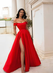 A-Line Off-the-Shoulder Sleeveless Satin Floor-Length Prom Dress With Split Front-27dress