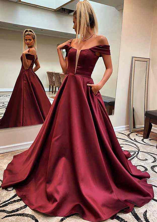 A-line Off-the-Shoulder Sleeveless Satin Sweep Train Prom Dress With Pockets-27dress
