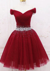 A-Line Off-the-Shoulder Sleeveless Tulle Homecoming Dress with Pleated Beading - 27Dress