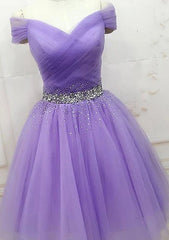 A-Line Off-the-Shoulder Sleeveless Tulle Homecoming Dress with Pleated Beading - 27Dress