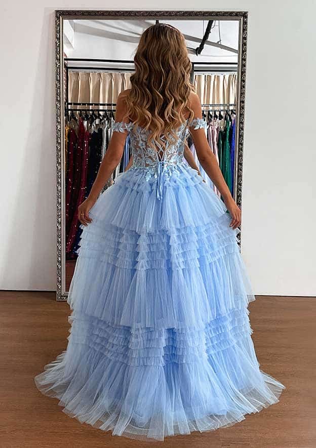 A-line Off-the-Shoulder Sleeveless Tulle Prom Dress with Appliqued Beading Ruffles and Sweep Train-27dress