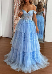 A-line Off-the-Shoulder Sleeveless Tulle Prom Dress with Appliqued Beading Ruffles and Sweep Train-27dress