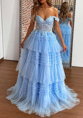 A-line Off-the-Shoulder Sleeveless Tulle Prom Dress with Appliqued Beading Ruffles and Sweep Train-27dress