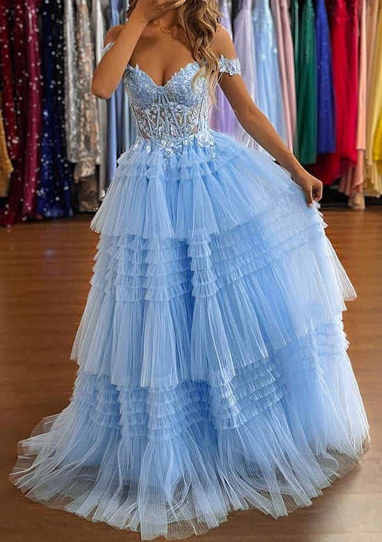 A-line Off-the-Shoulder Sleeveless Tulle Prom Dress with Appliqued Beading Ruffles and Sweep Train-27dress