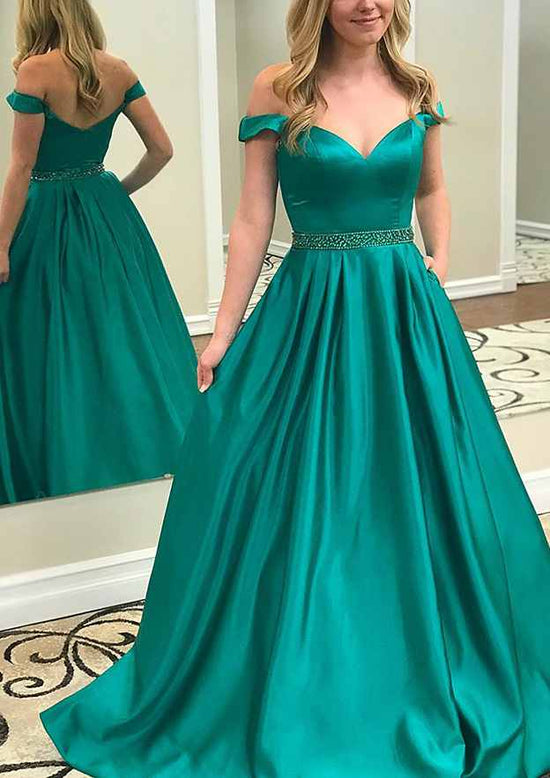 A-line Off-the-Shoulder Straps Prom Dress With Beading Pockets and Sweep Train-27dress