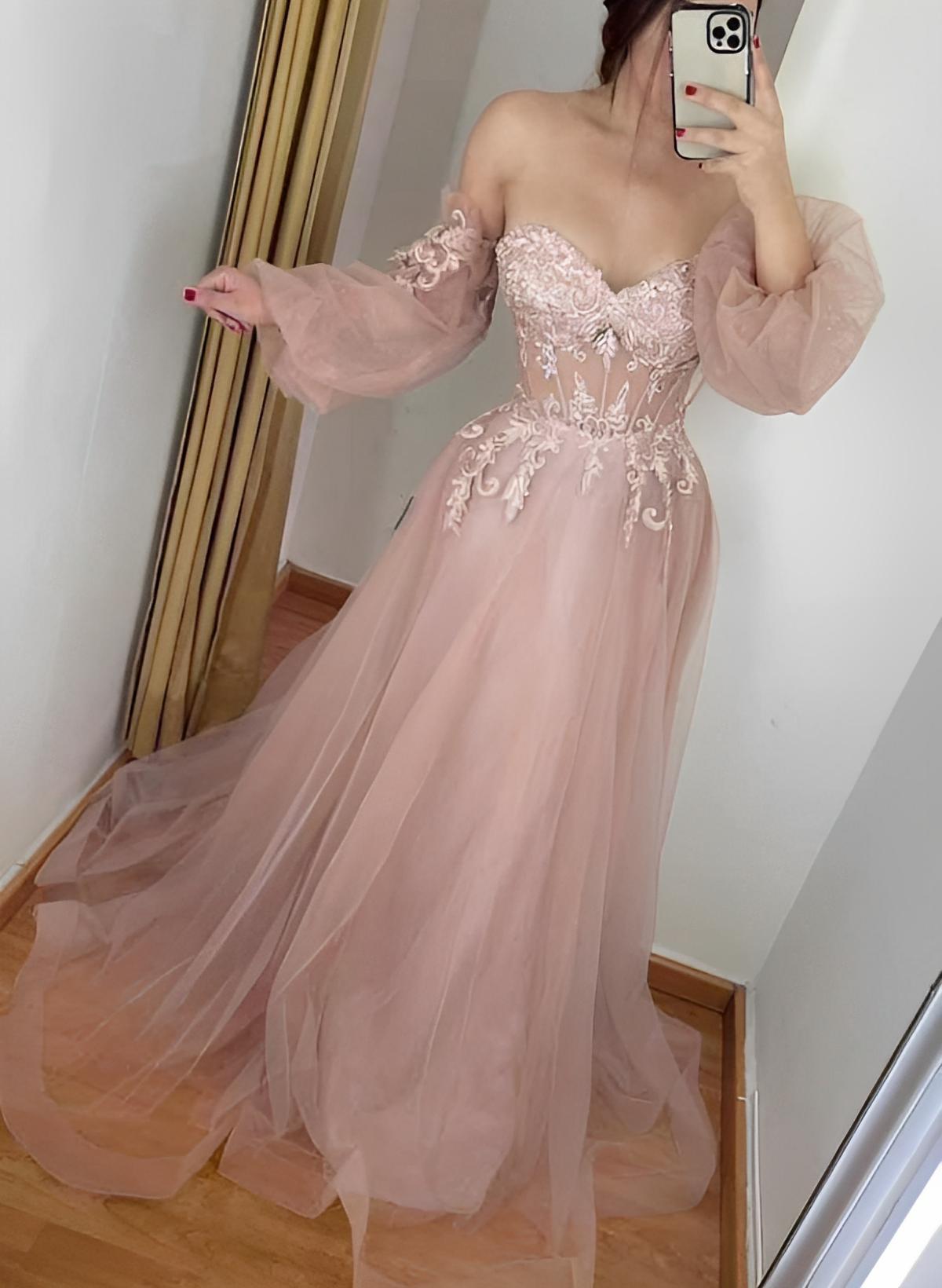 A-Line Off-the-Shoulder Tulle Prom Dress with 1/2 Sleeves and Lace Sweep Train-27dress
