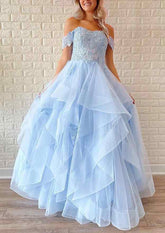 A-Line Off-the-Shoulder Tulle Prom Dress With Appliqued Beading Ruffles and Sequins-27dress