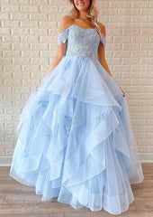 A-Line Off-the-Shoulder Tulle Prom Dress With Appliqued Beading Ruffles and Sequins-27dress