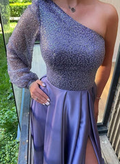 A-Line One-Shoulder Long Sleeves Prom Dress With Split Front-27dress