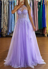 A-line One-Shoulder Prom Dress with Appliques and Sweep Train Tulle Skirt-27dress