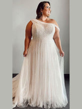 A-Line One Shoulder Tulle Court Train Wedding Dress with Beading