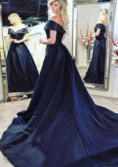 A-line Princess Off-the-Shoulder Satin Prom Dress with Chapel Train-27dress