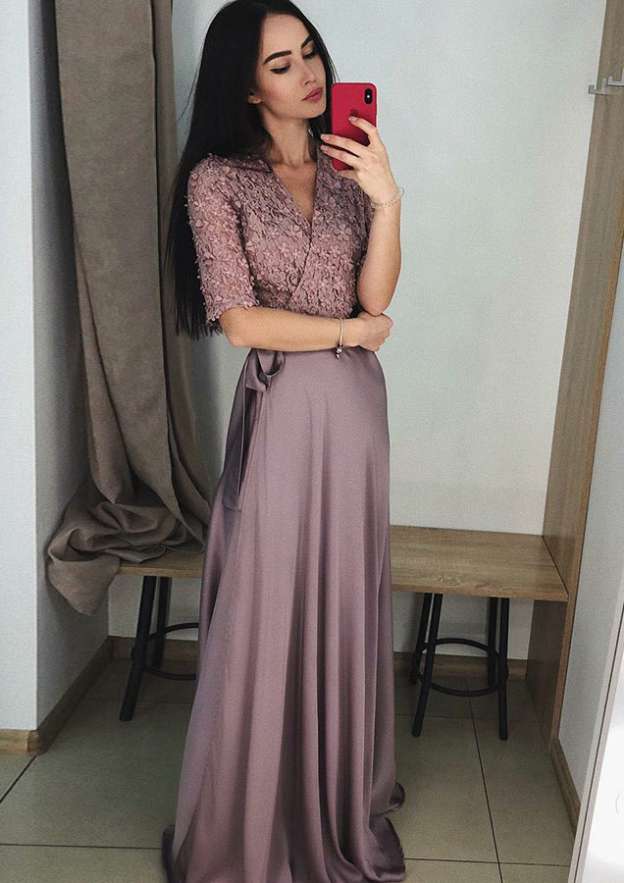A-line Princess V Neck Half Sleeve Charmeuse Prom Dress with Appliqued Details-27dress