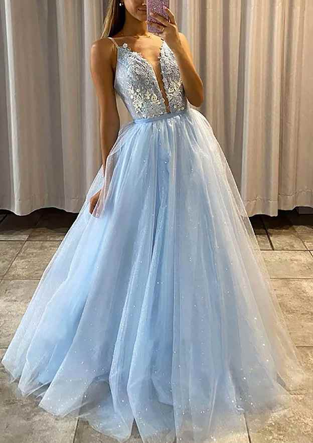 A-Line Princess V-Neck Spaghetti Straps Tulle Prom Dress With Beaded Appliqu¡§|s-27dress