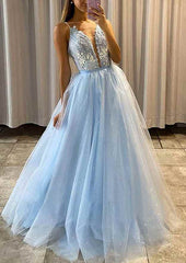 A-Line Princess V-Neck Spaghetti Straps Tulle Prom Dress With Beaded Appliqu¡§|s-27dress
