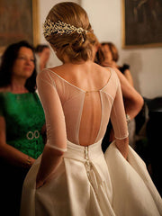 A-Line Satin Wedding Dresses with Ruffles and Scoop Neckline Sweep Train