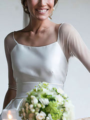 A-Line Satin Wedding Dresses with Ruffles and Scoop Neckline Sweep Train