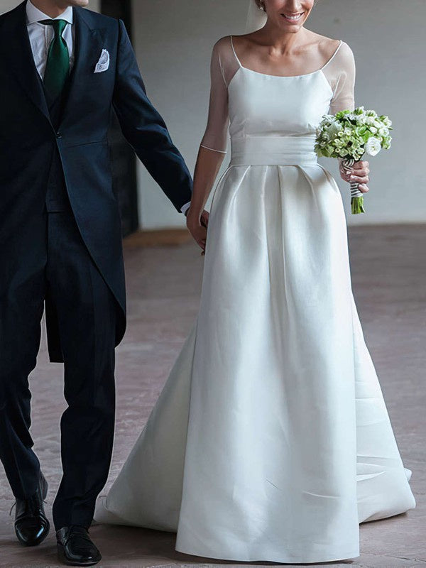 A-Line Satin Wedding Dresses with Ruffles and Scoop Neckline Sweep Train