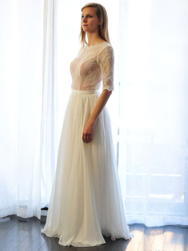 A-line Scoop Neck Lace Chiffon Floor-length Wedding Dress
